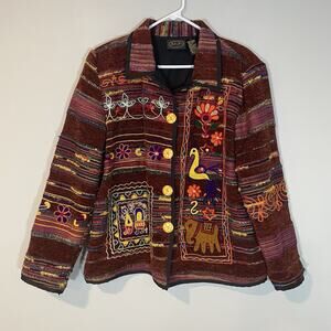 Vtg Julia Kim Patchwork Embroidered Jacket L Colorful Art to Wear Silk Blend